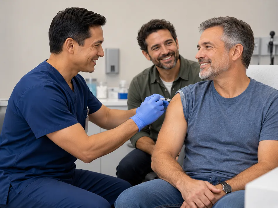 A clinician in blue scrubs with a stethoscope holds a knitted teddy bear.